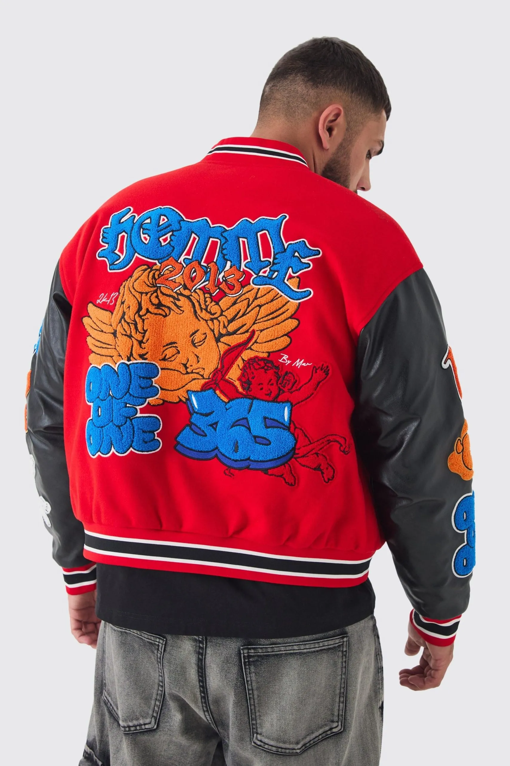 Plus Boxy Homme Badge PU Sleeve Varsity Jacket In Red