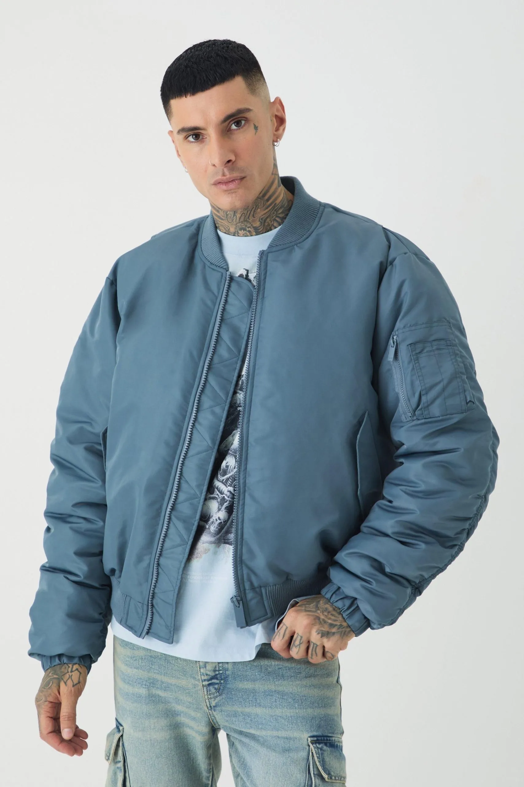 Tall Padded Nylon Panelled Bomber Jacket In Slate