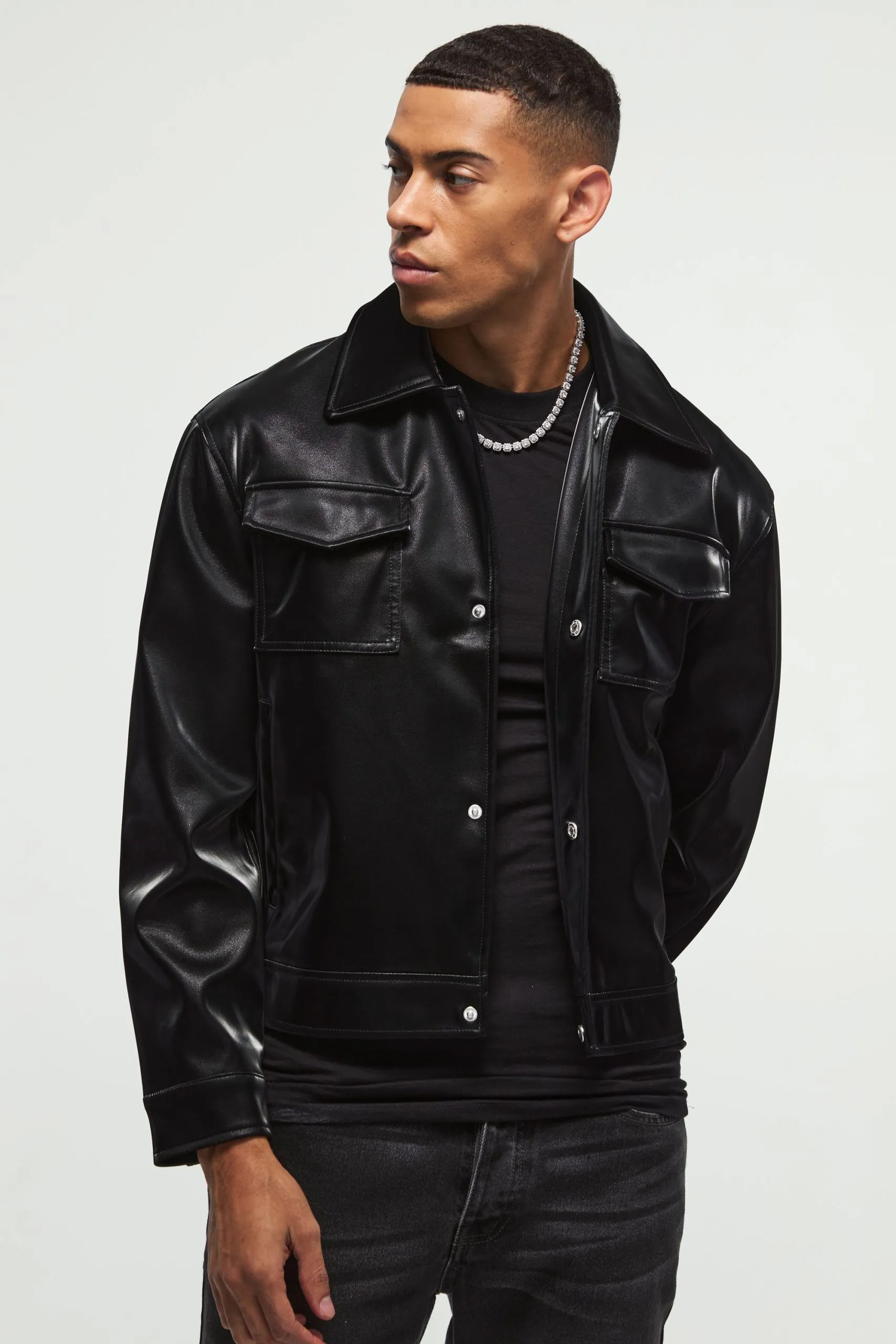 High Shine Pu Harrington Jacket In Black