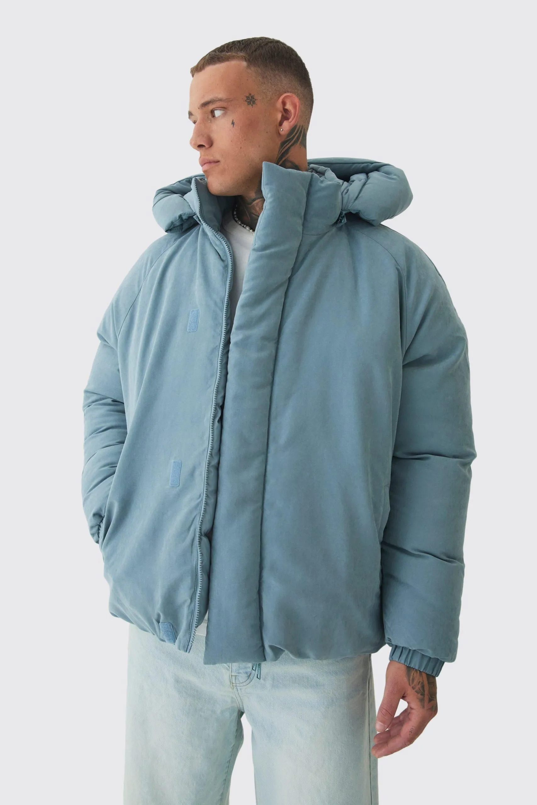 Tall Man Extreme Heavy Padded Hooded Puffer Coat In Dusty Blue