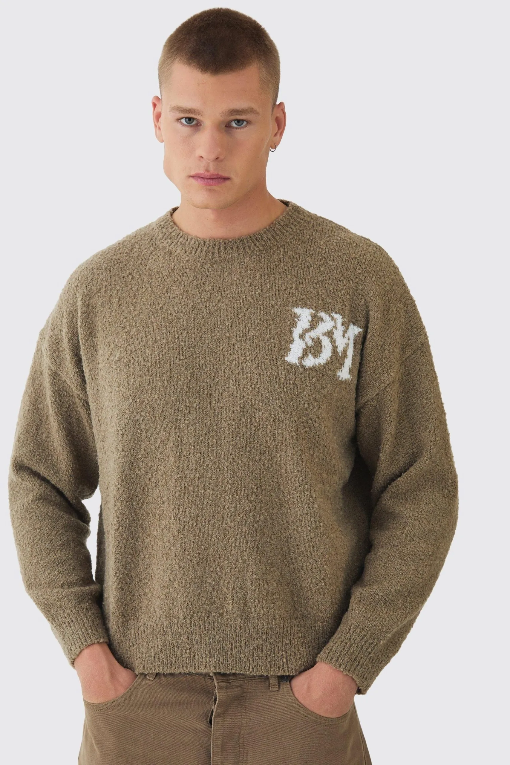 Boxy Fit Brushed Boucle Branded Knitted Jumper