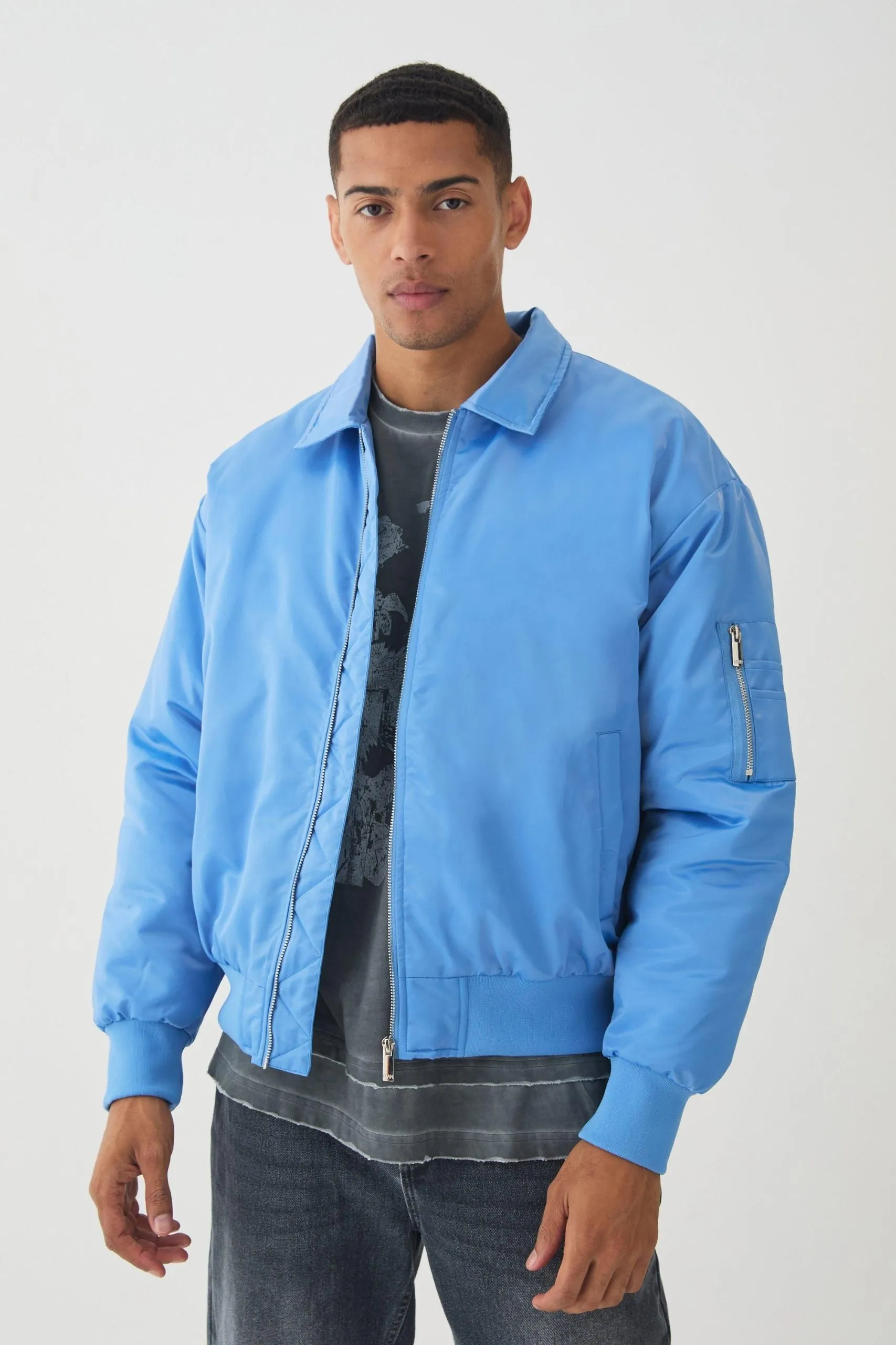 Satin Collared Bomber Jacket In Blue