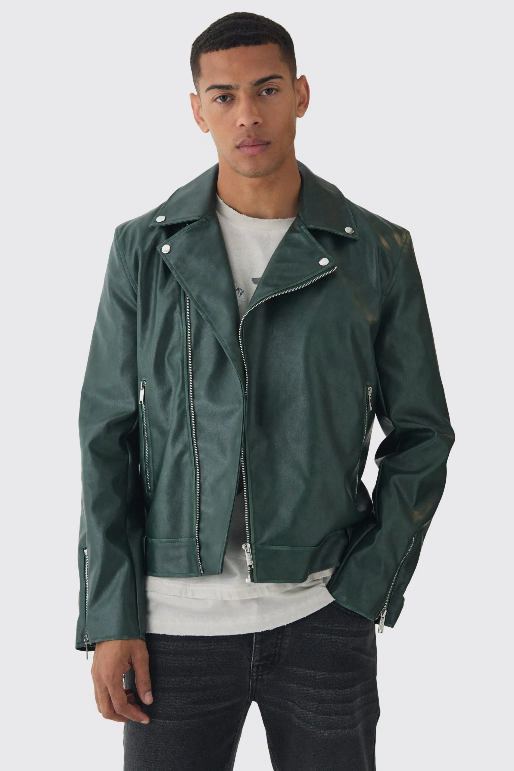 Washed Pu Biker Jacket In Green