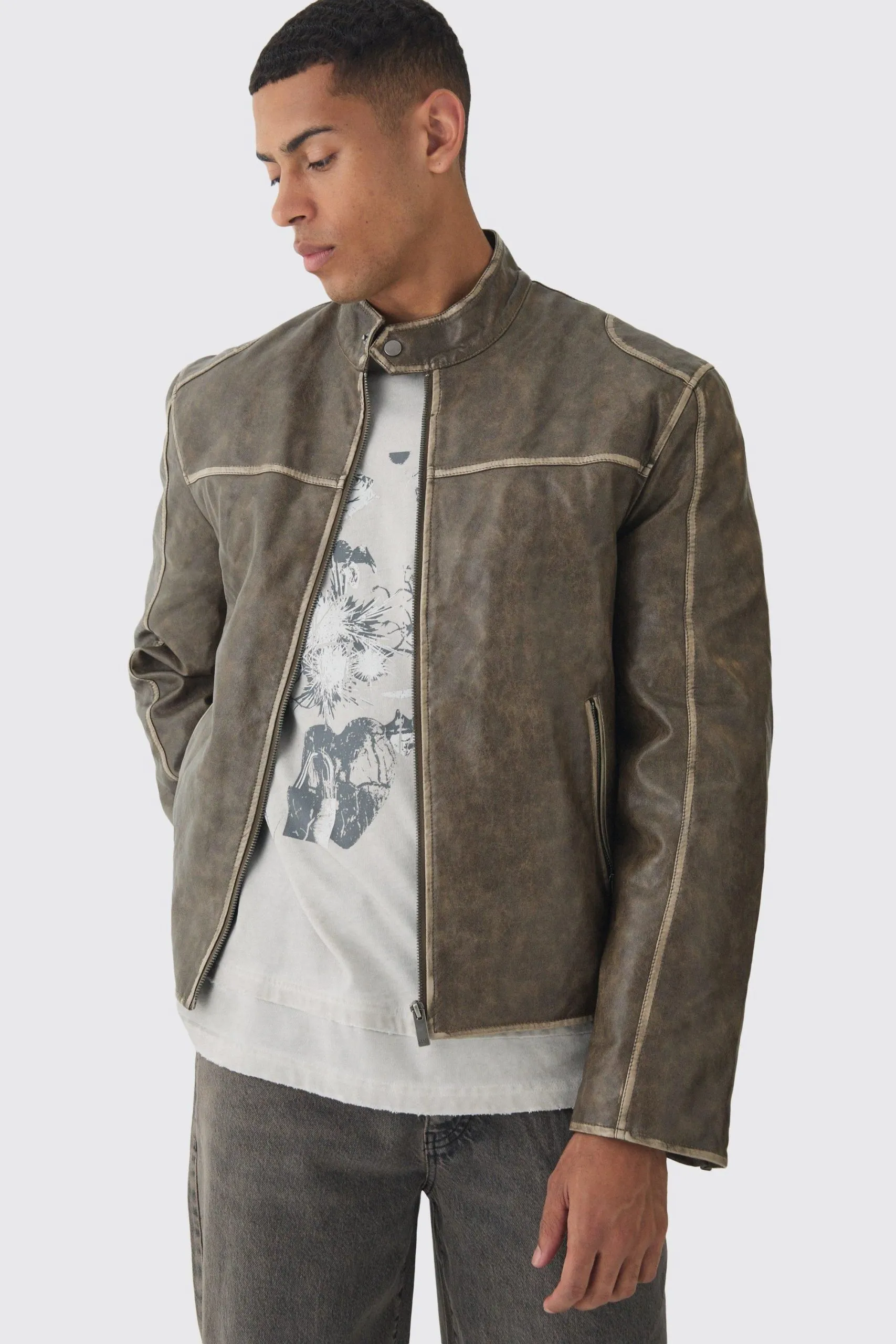 Washed Seam PU Biker Jacket In Sage