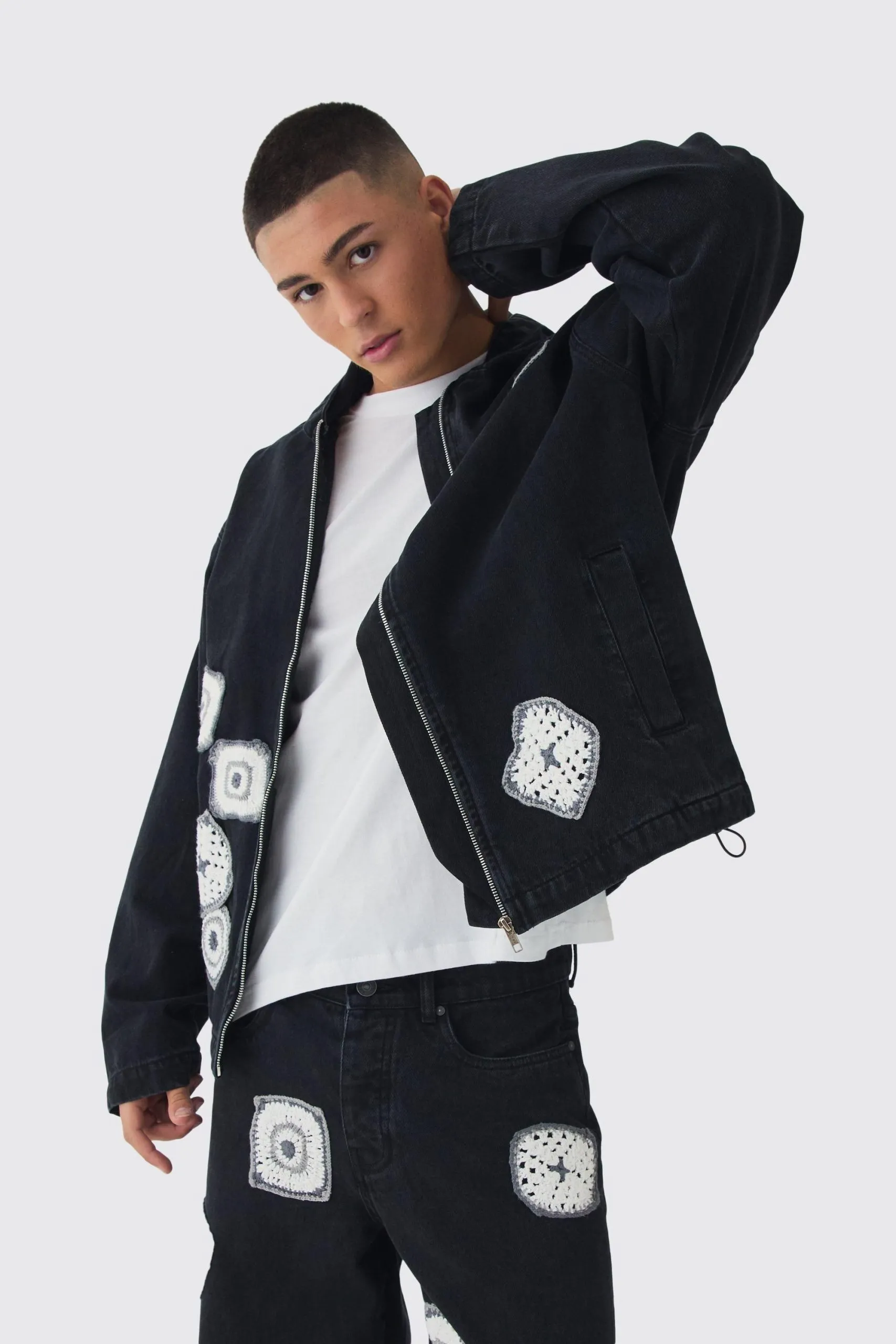 Relaxed Denim Zip Through Crochet Hoodie