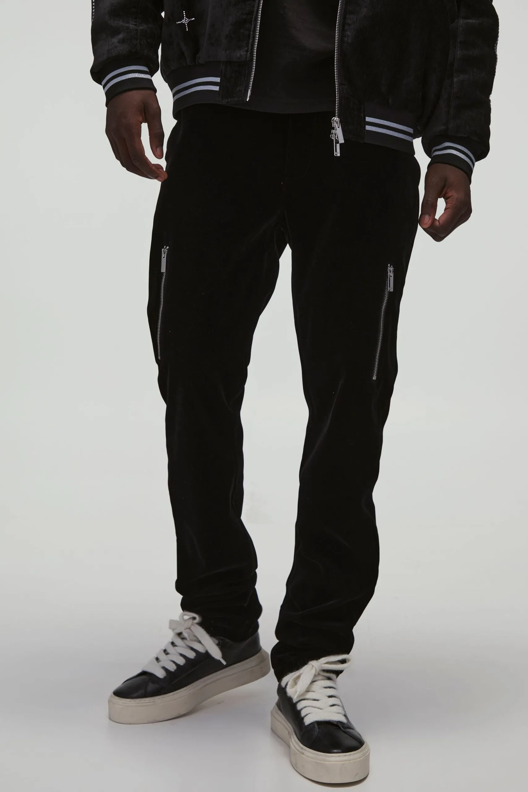 Velour Fixed Waist Rigid Slim Stacked Trouser