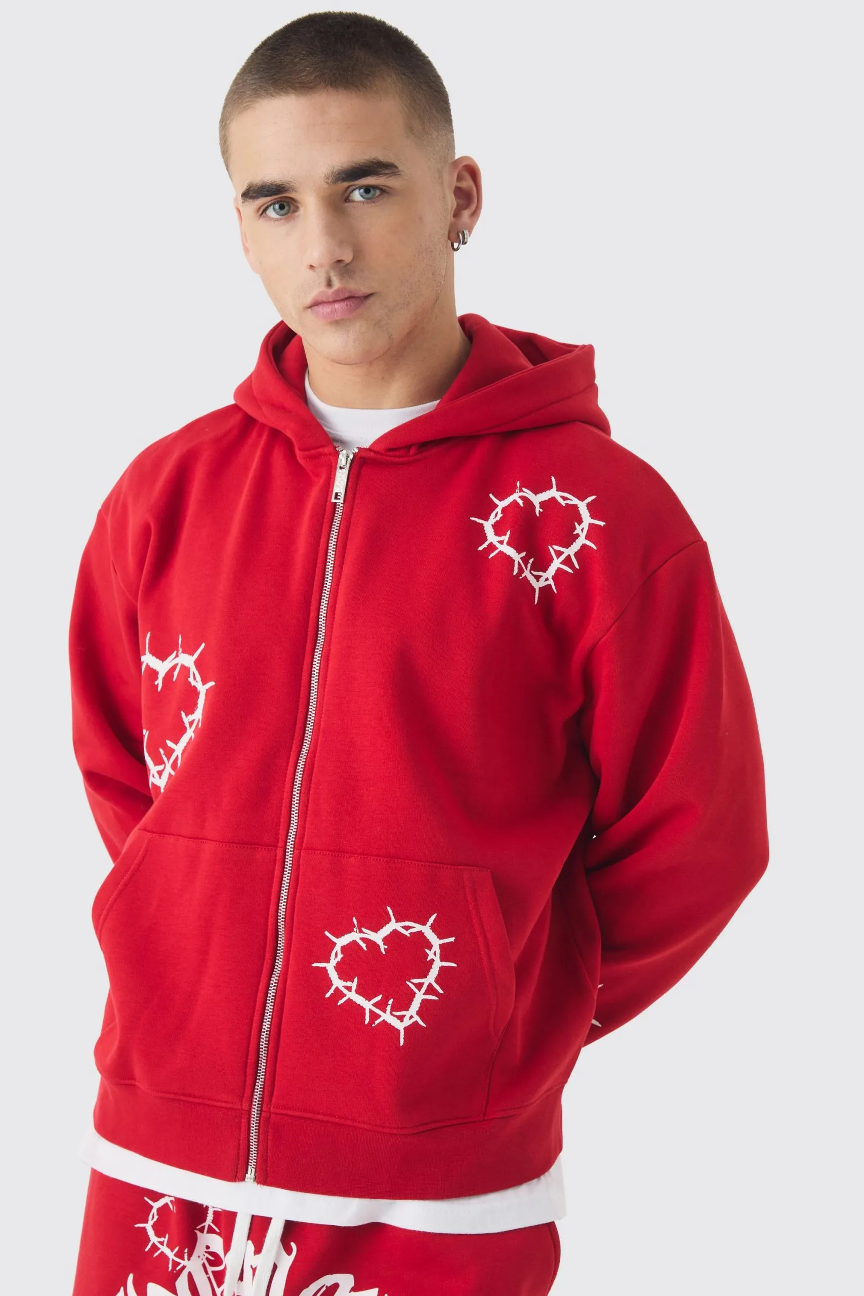 Oversized Boxy Zip Through Heart Print Zip Through Hoodie