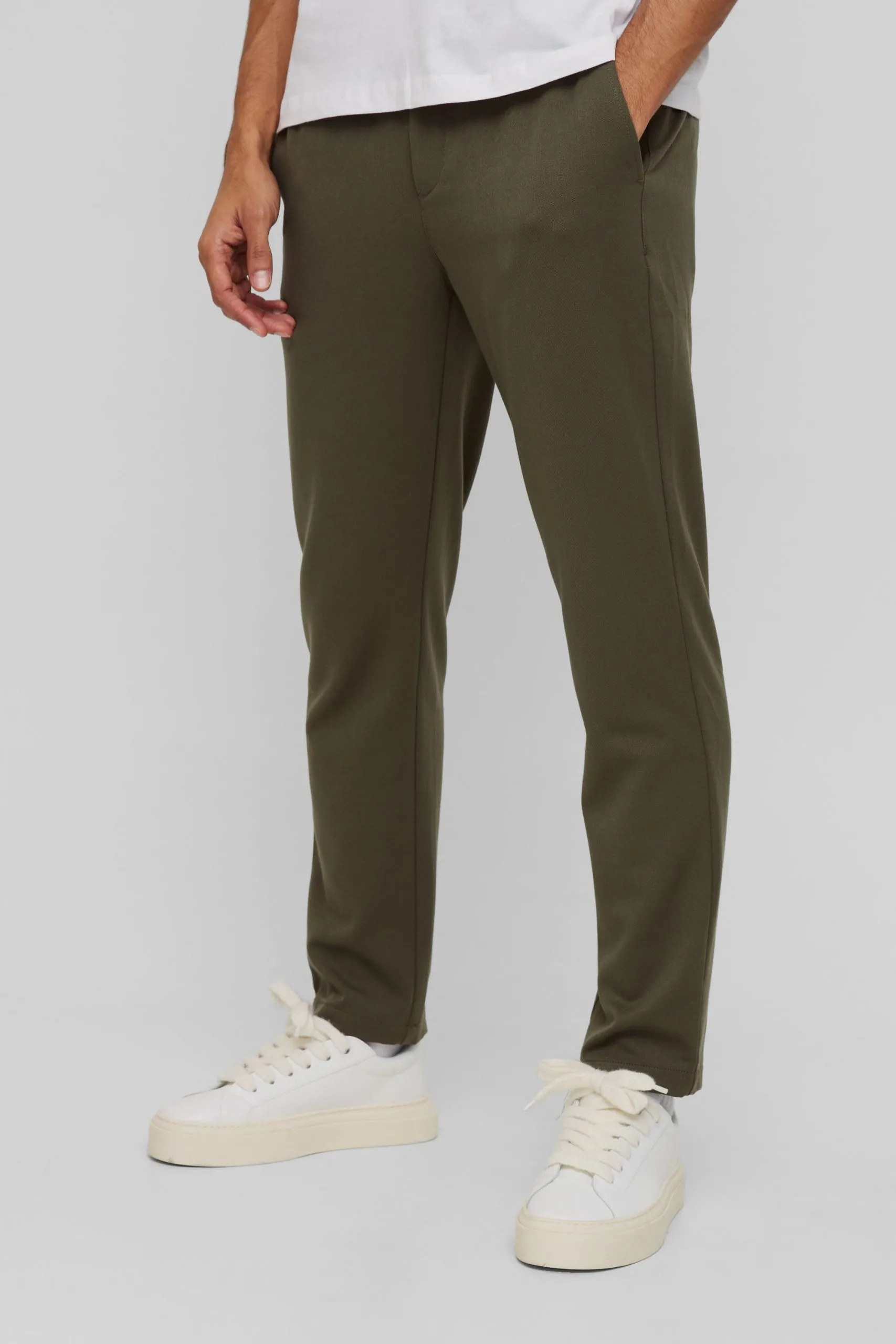 Half Elastic Waistband Stretch Tapered Tailored Trouser in Khaki