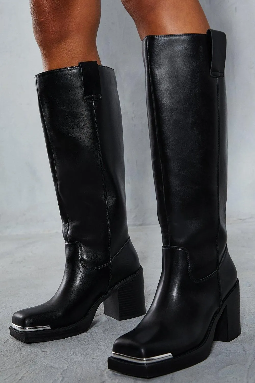 Metal Square Toe Block Heel Boots