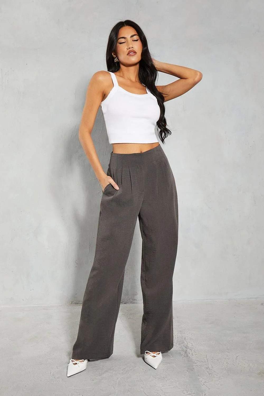 Linen Look Pleat Waist Detail Wide Leg Trouser