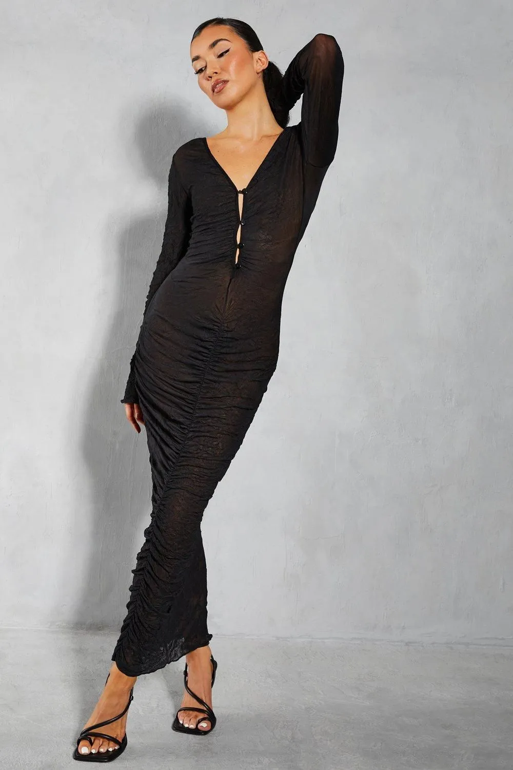 Crinkle Mesh Button Down Long Sleeve Ruched Midaxi Dress