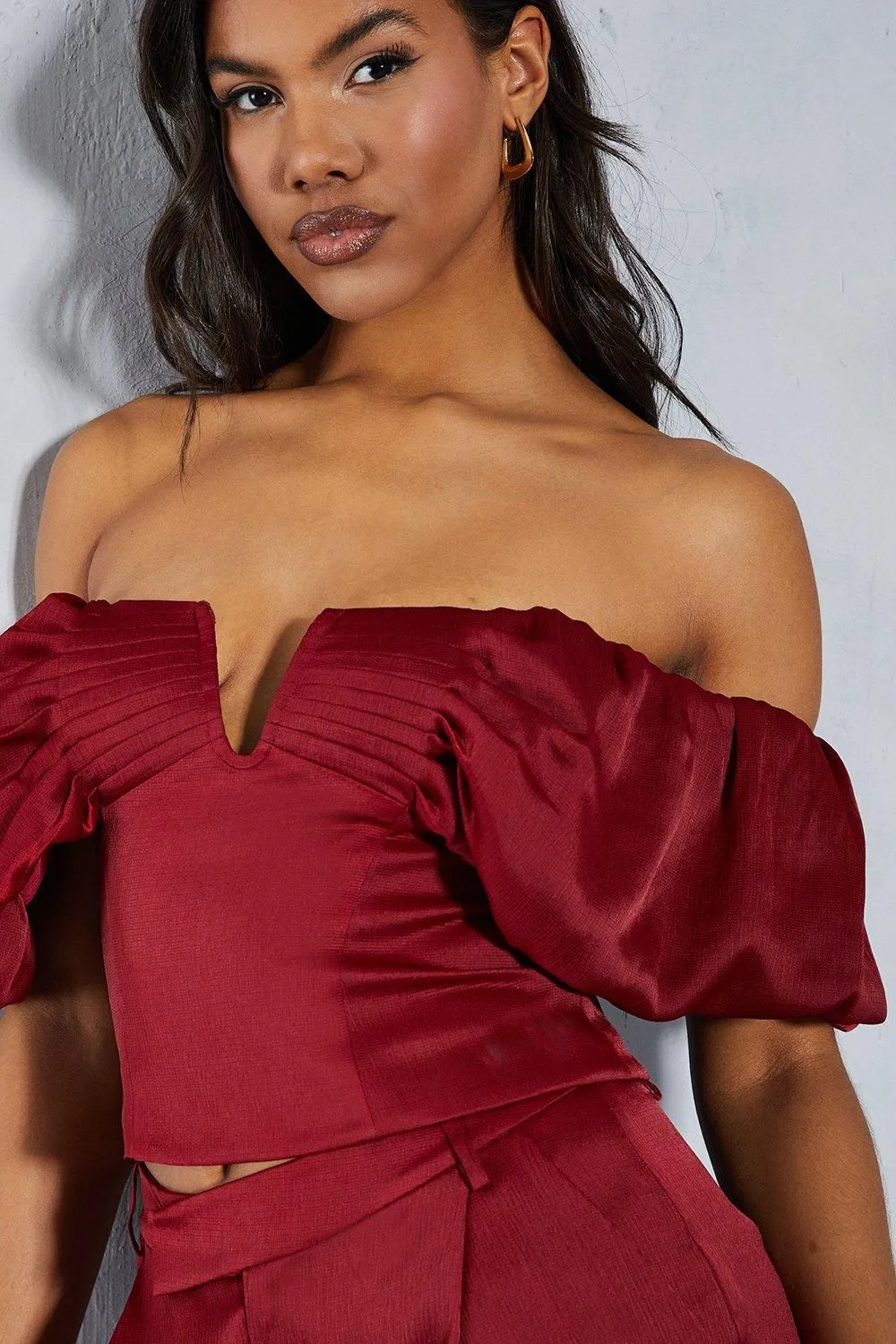 Textured Satin Pleated Bust Frill Bardot Top