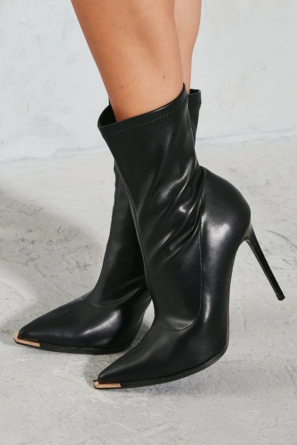 Leather Look Pointed Metal Toe Ankle Boots