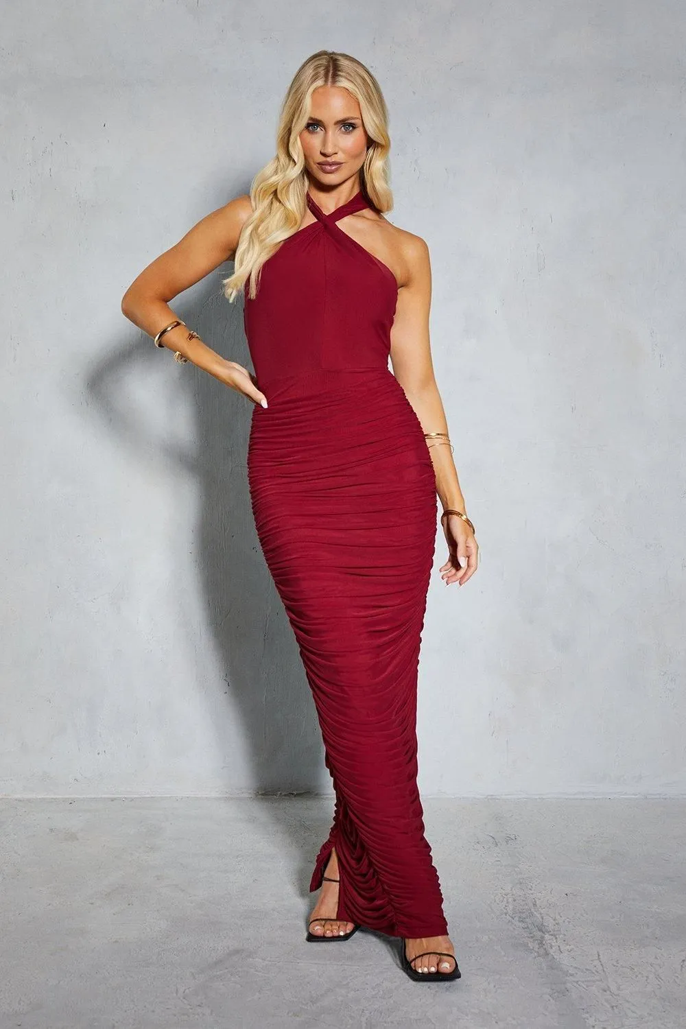 Mesh Twist Strap Halterneck Ruched Midaxi Dress