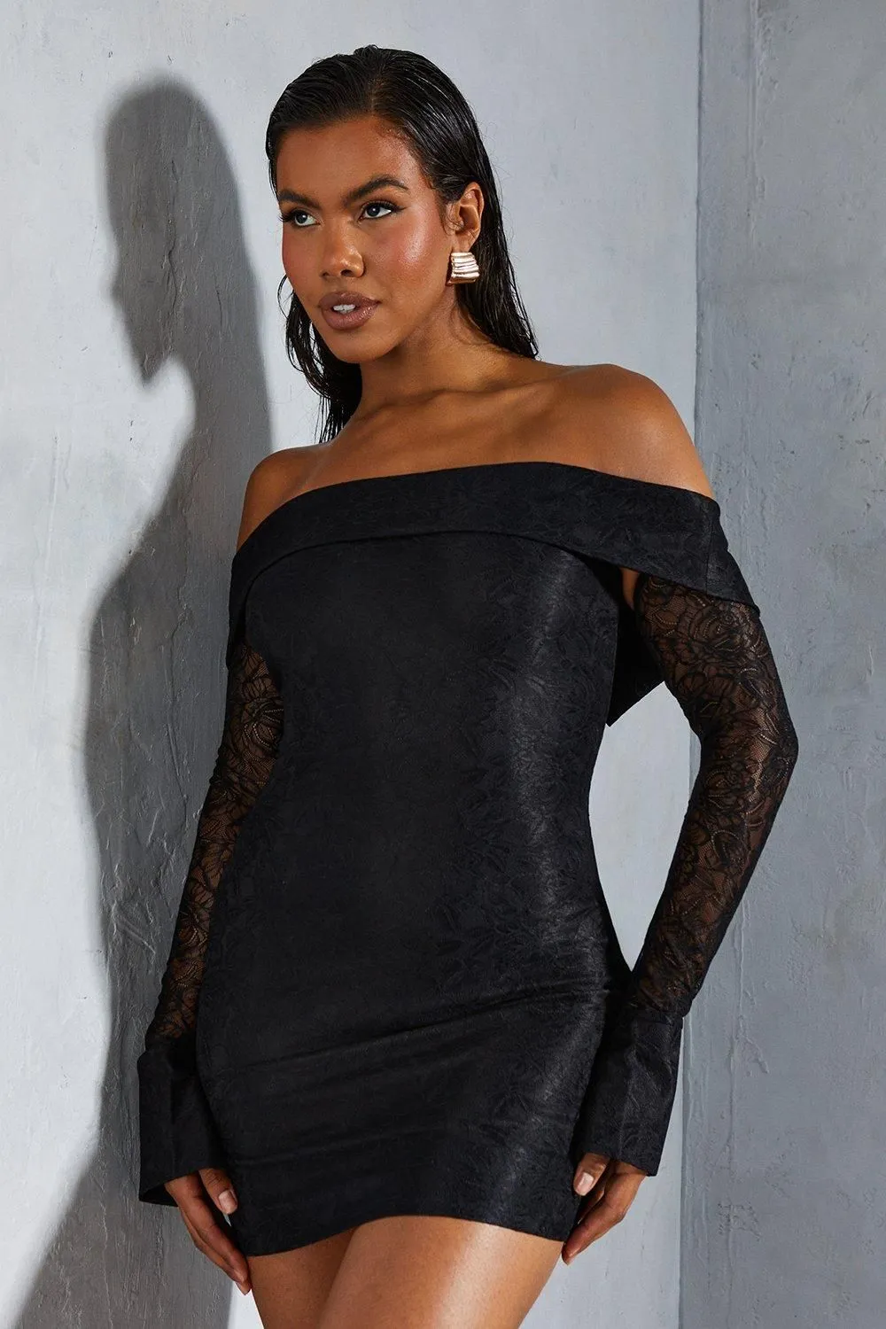 Lace Bardot Cuff Detail Bodycon Mini Dress