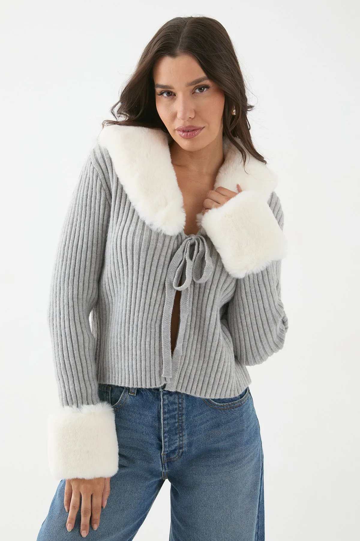 Knitted Rib Fur Trim Tie Detail Front Jumper