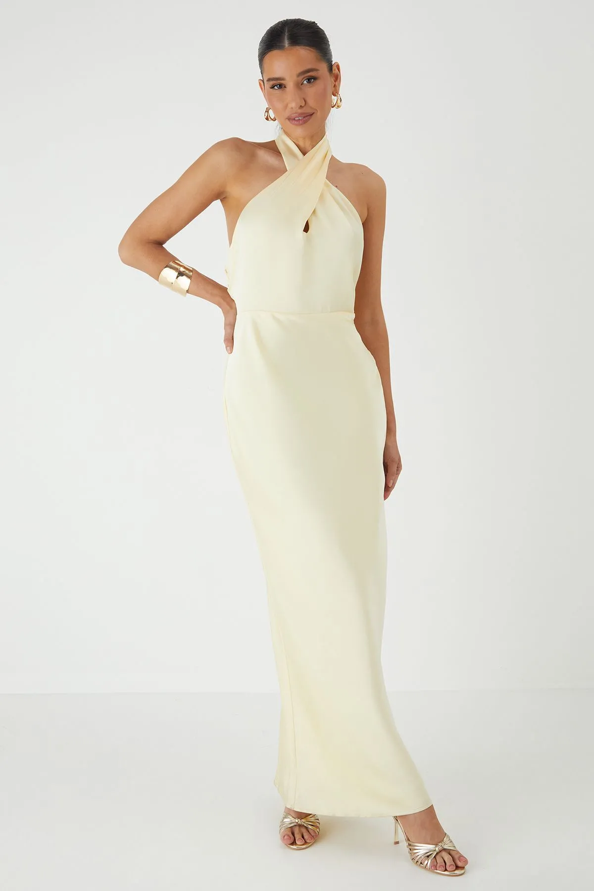 Premium Satin Halterneck Cowl Back Bridesmaid Dress