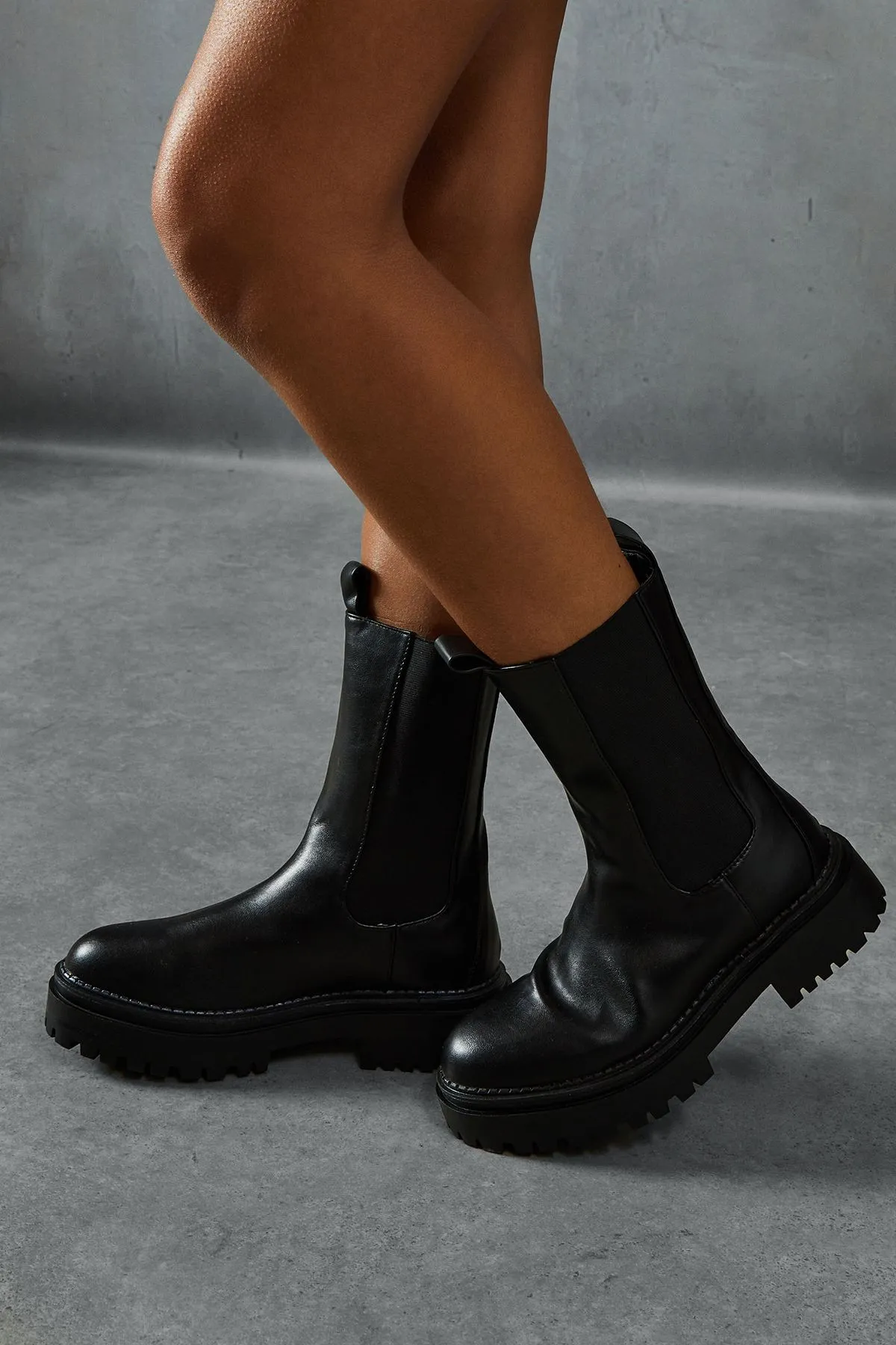Leather Look Chunky Sole Ankle Boots