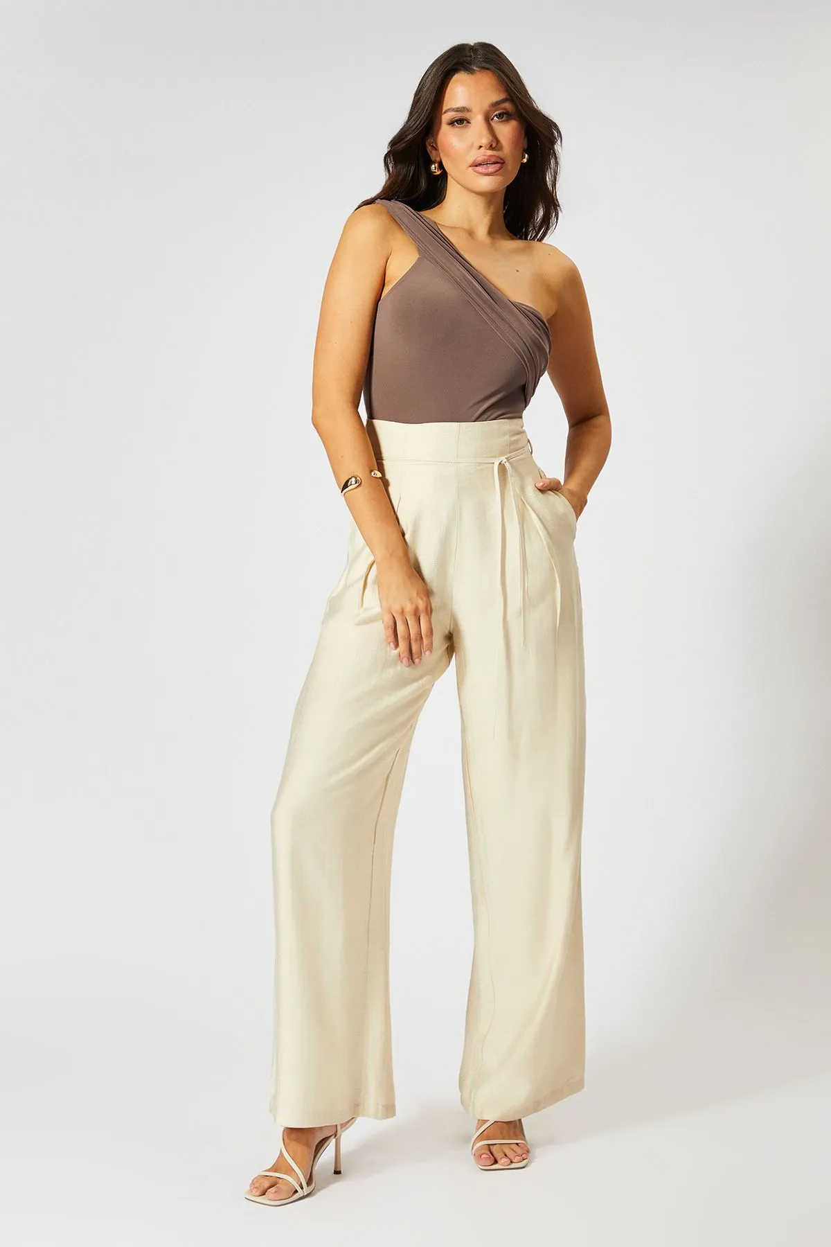 Linen Look Wide Leg Paper Bag Waist Trousers