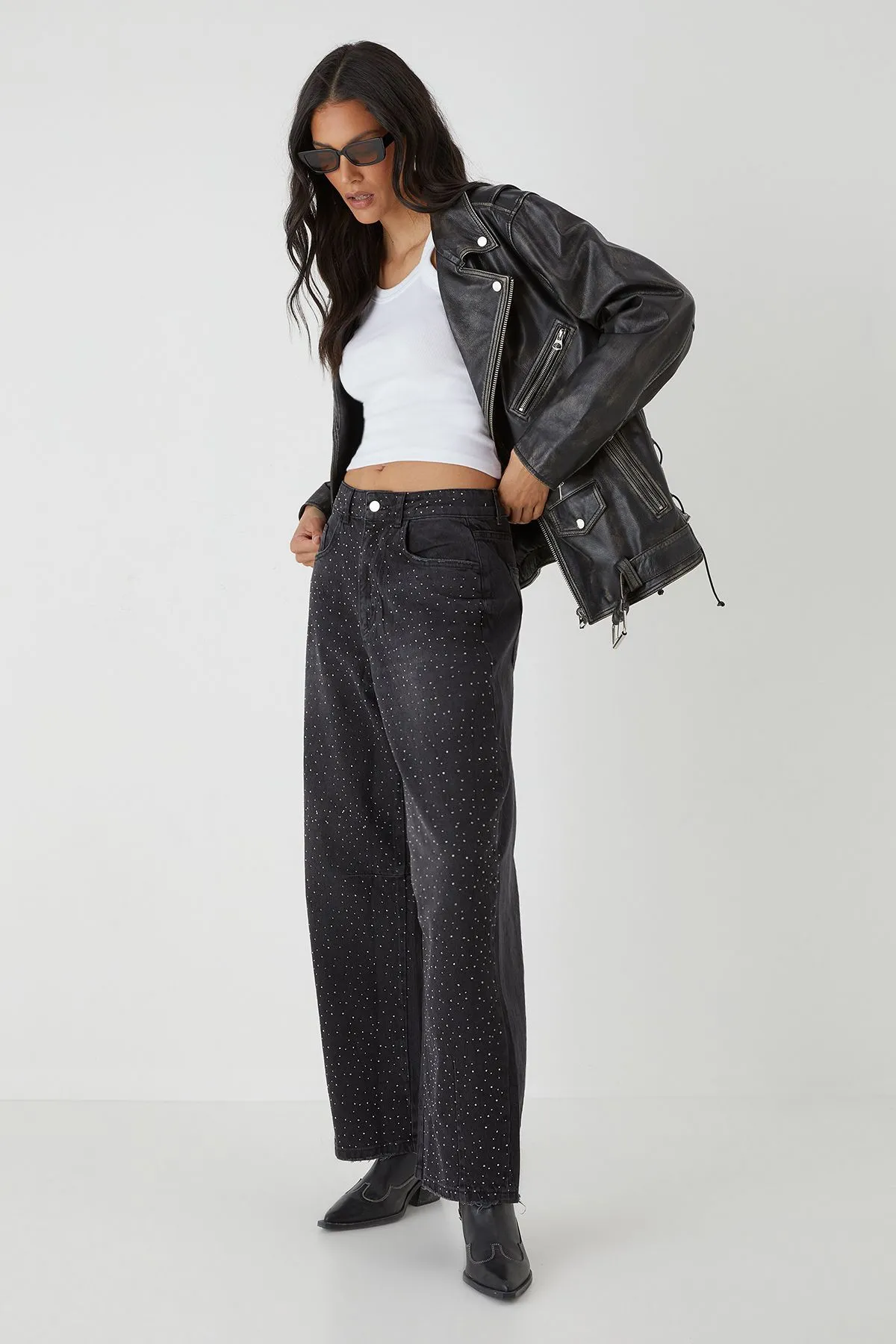 Hot Fix Embellished Denim Barrel Leg Jeans