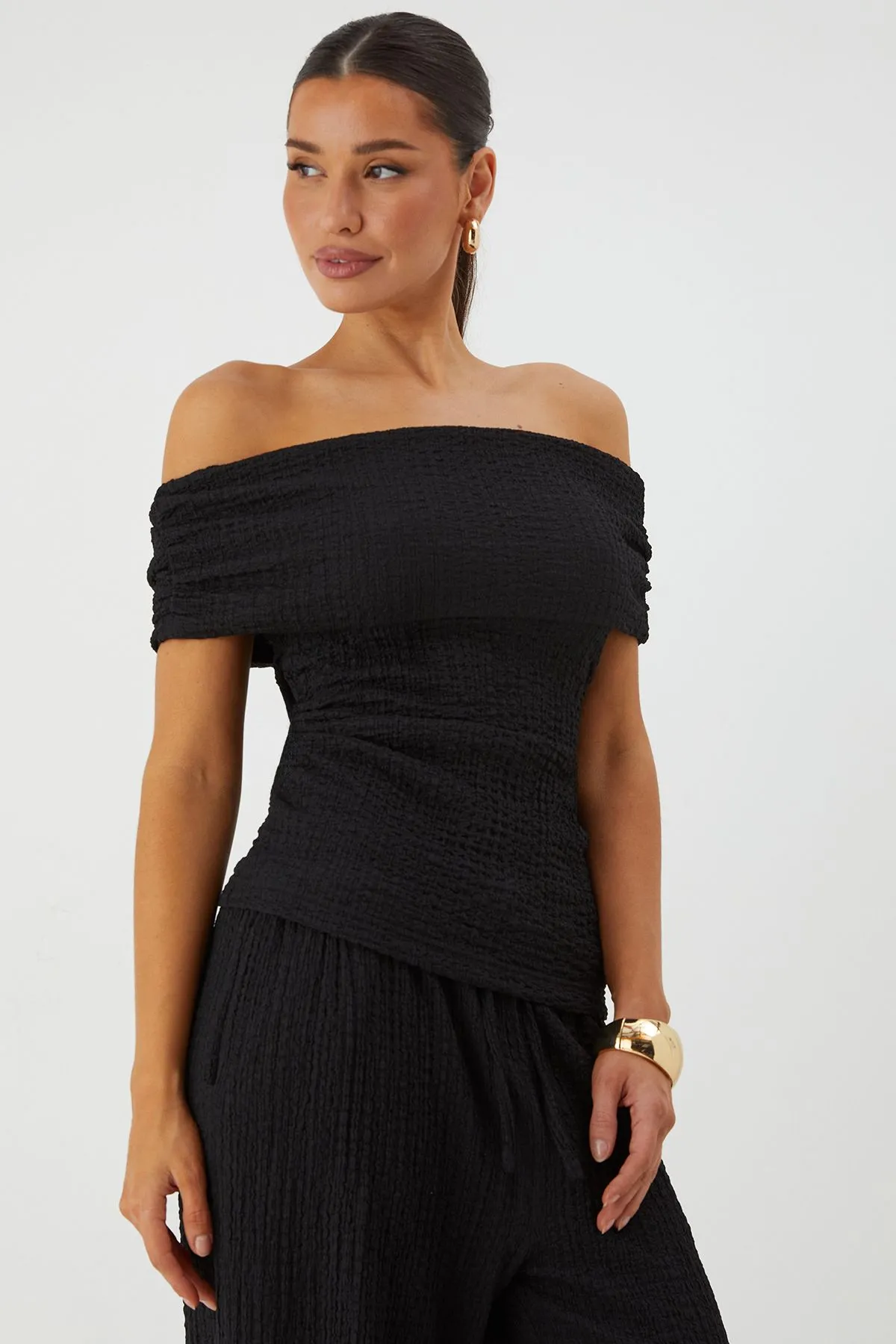 Crinkle Textured Off Shoulder Top