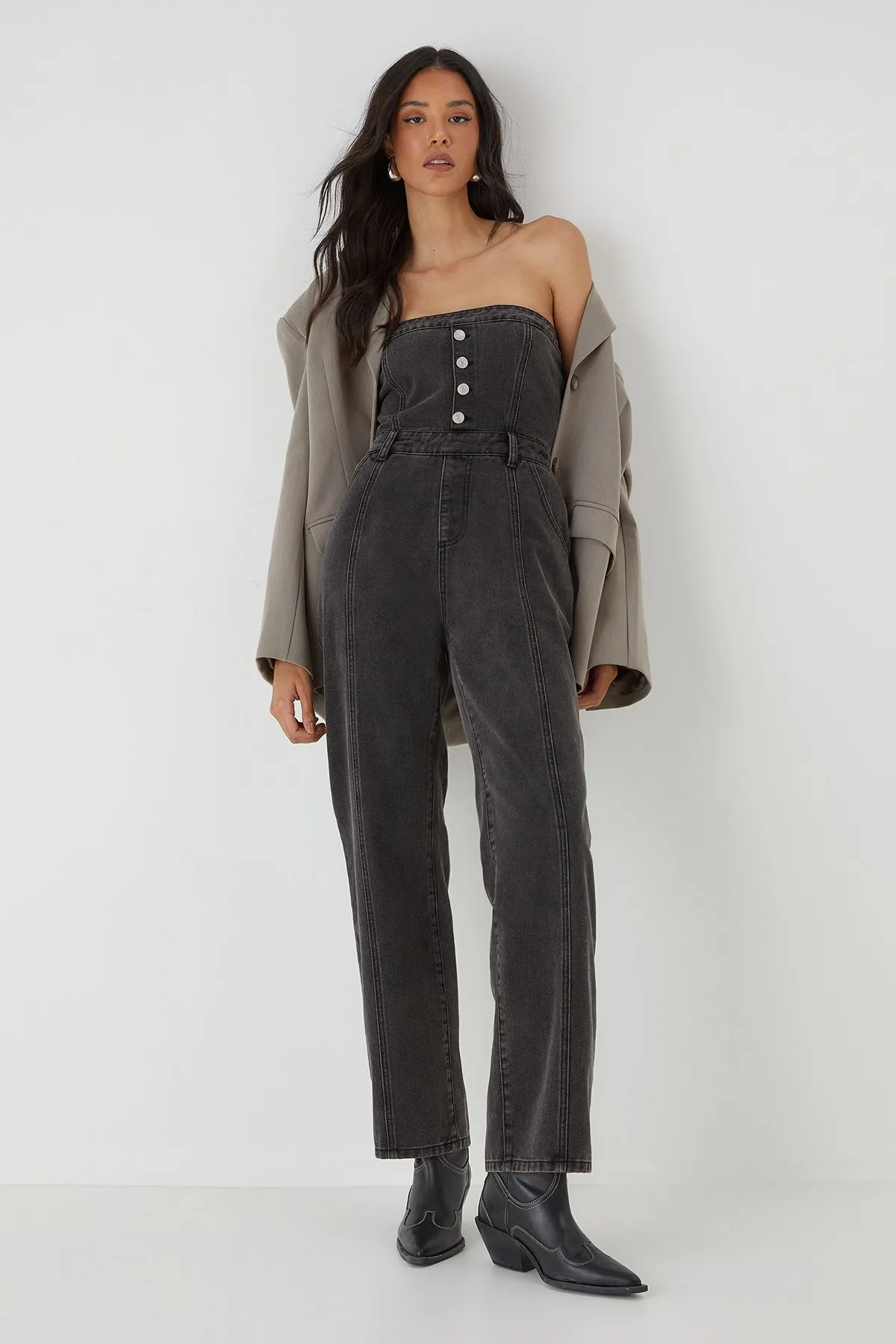 Bandeau Button Up Denim Jumpsuit
