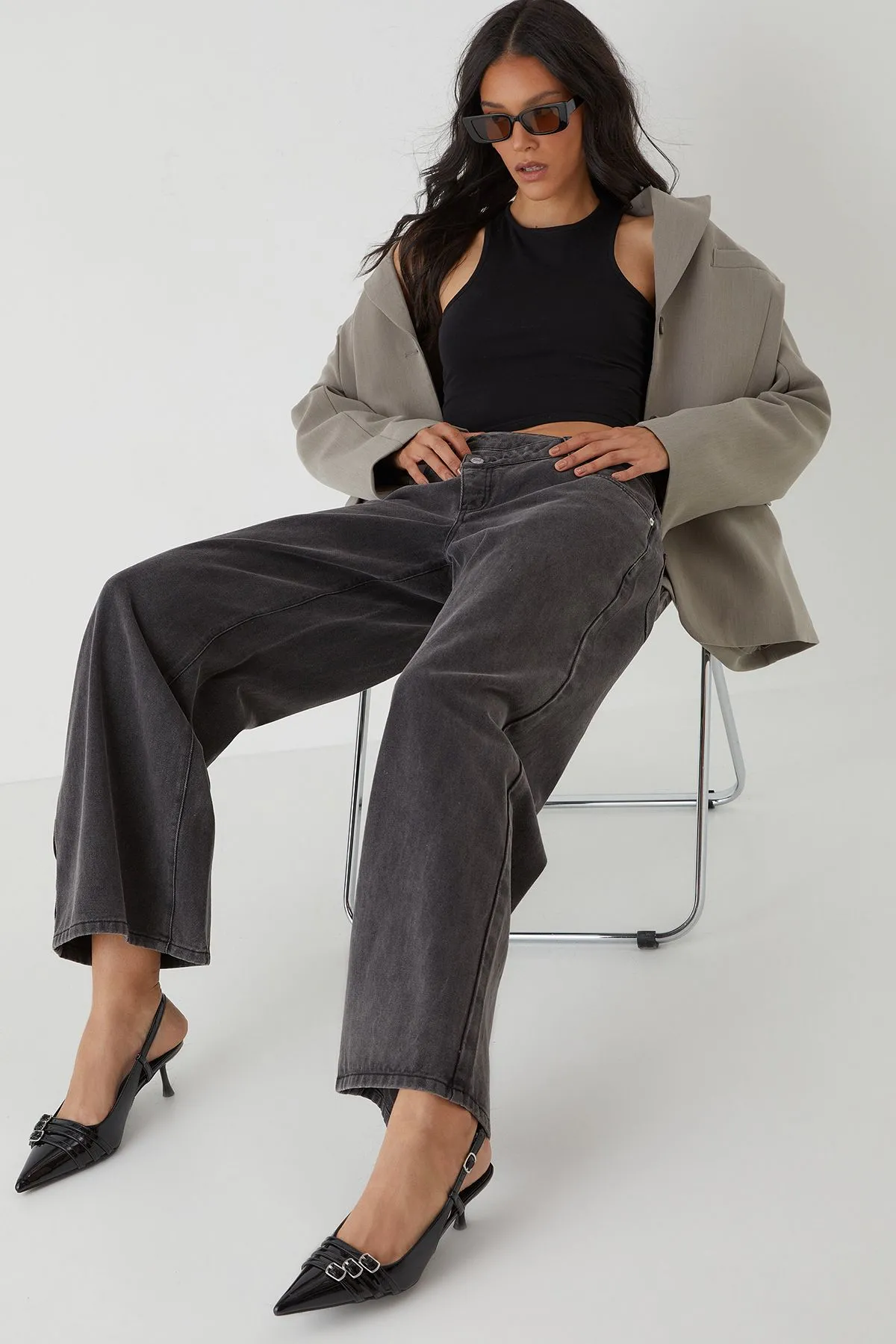 Asymmetric Wide Leg Washed Denim Jeans