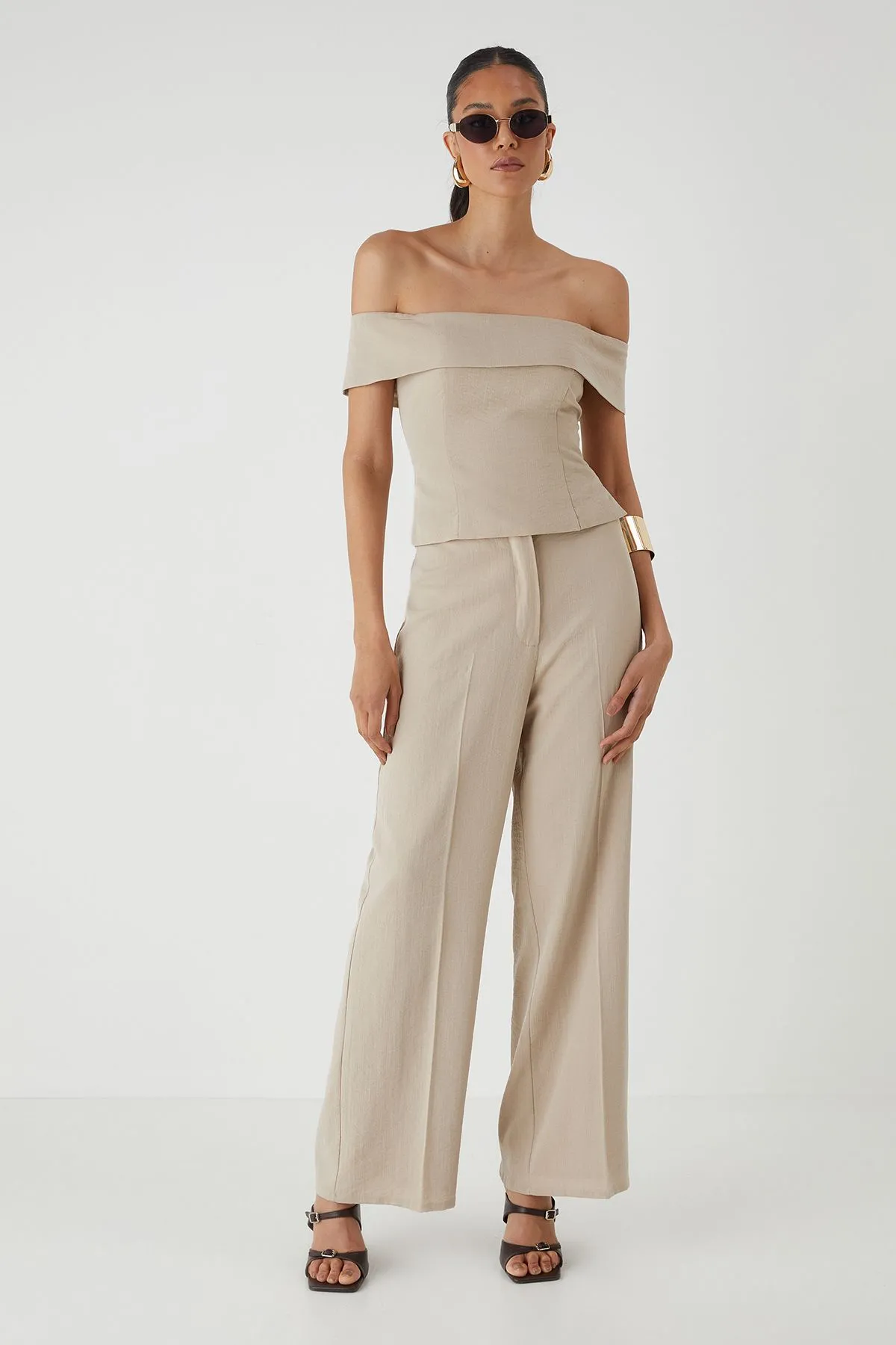 Linen Look High Waist Wide Leg Trousers