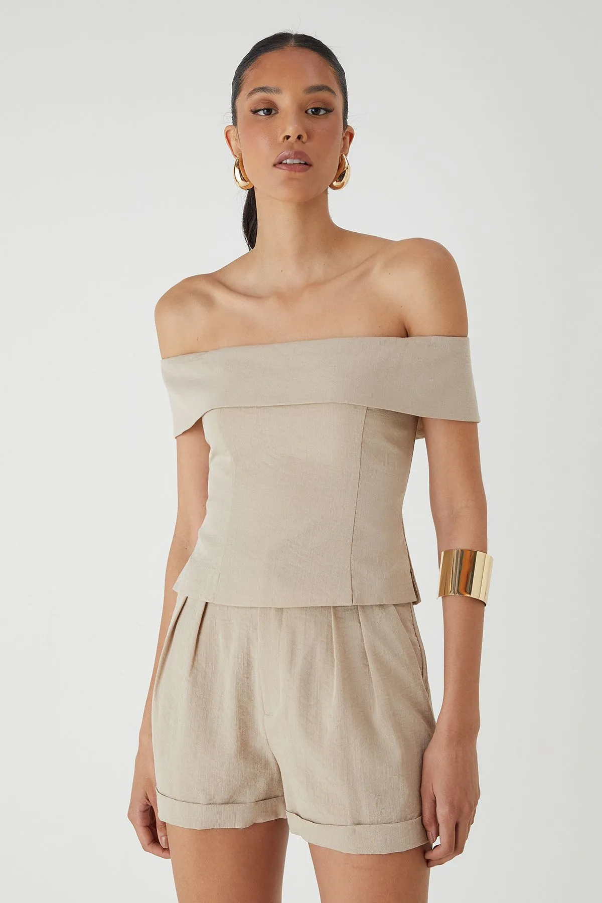 Linen Look Bardot Fold Over Top