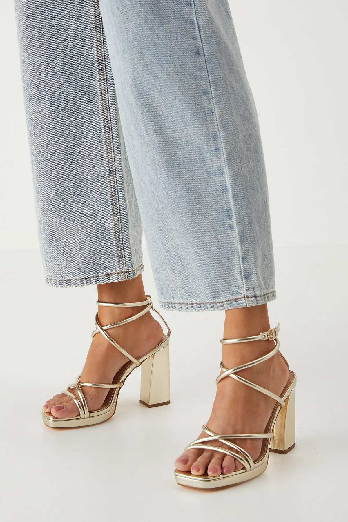Strappy Square Toe Platform High Block Heel Sandals