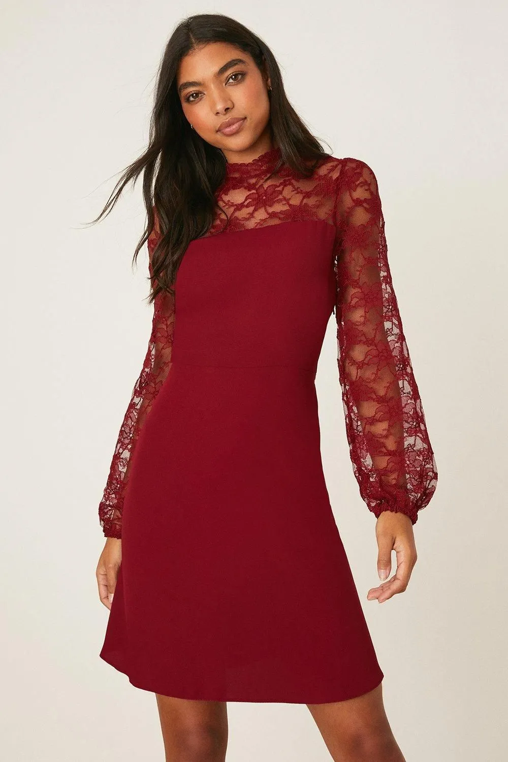 High Neck Lace Sleeve Mini Dress