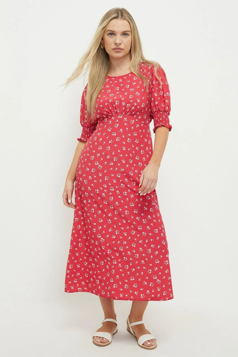 Petite Red Shirred Cuff Midi Dress