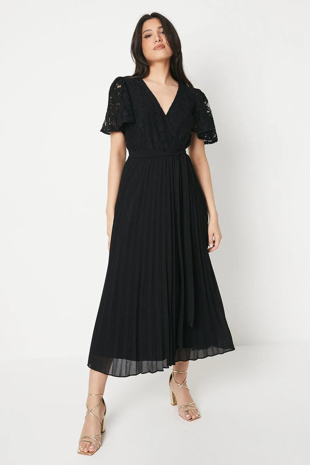 Lace Pleated Wrap Midi Dress