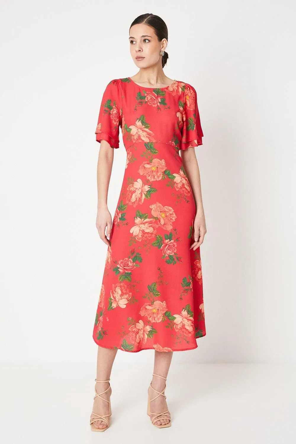 Floral Tie Back Flutter Sleeve Midi Dress