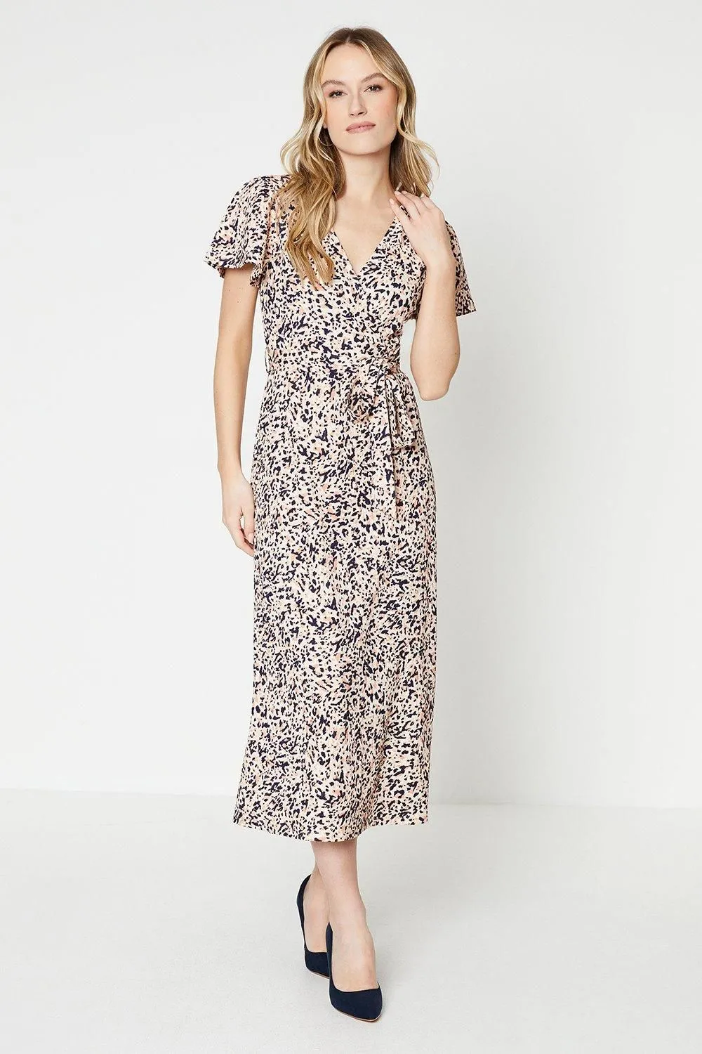 Abstract Flutter Sleeve Wrap Jersey Midi Dress