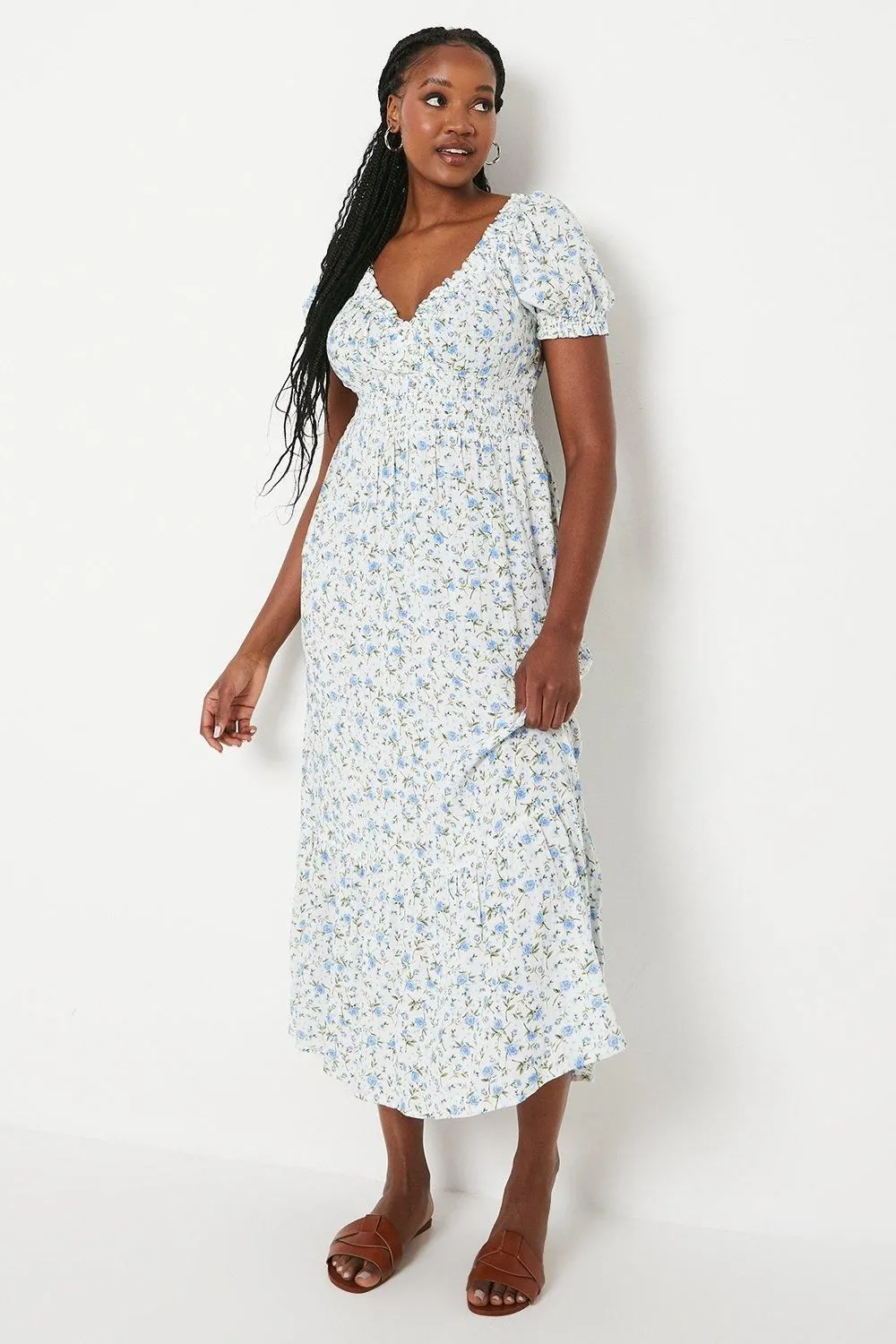 Blue Ditsy Shirred Waist Tiered Hem Midi Dress