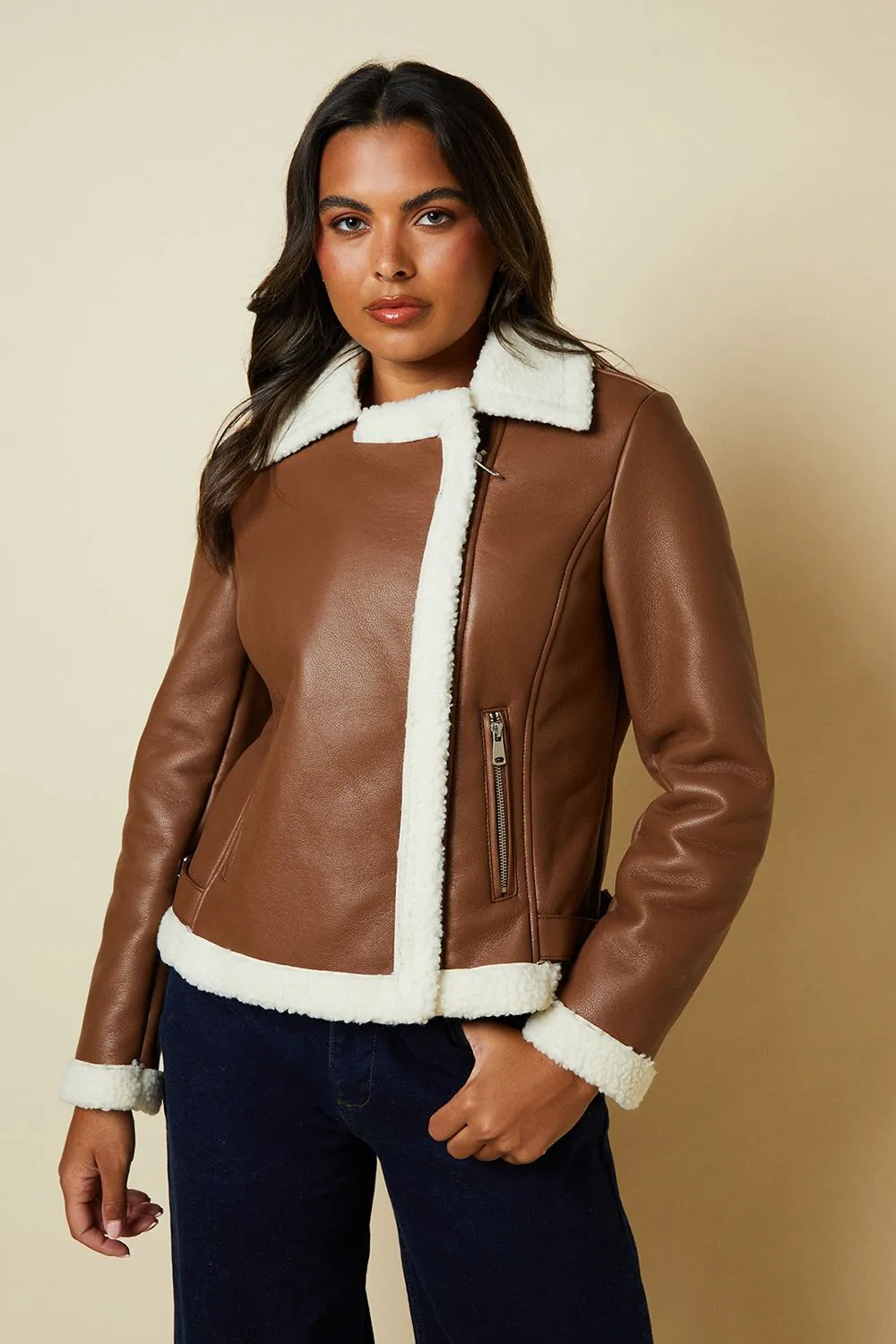 Brown Faux Leather Short Aviator Jacket