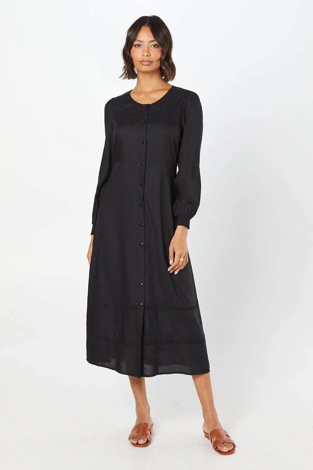 Broderie Trim Button Front Midi Dress