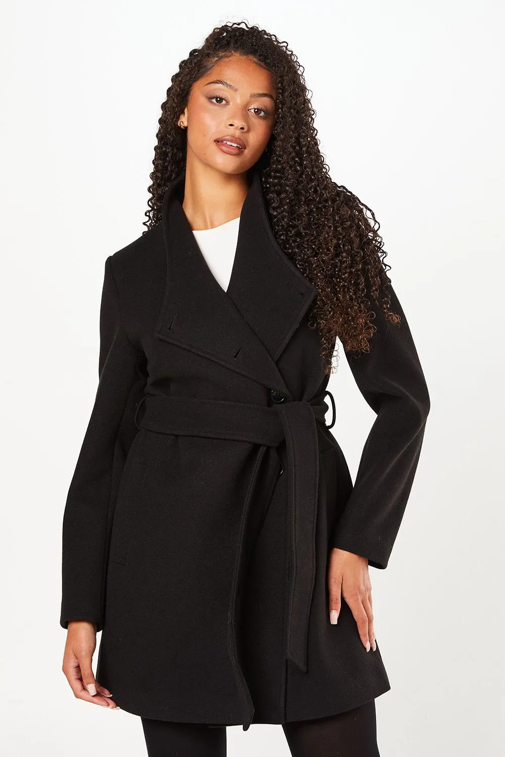 Funnel Neck Short Belted Coat