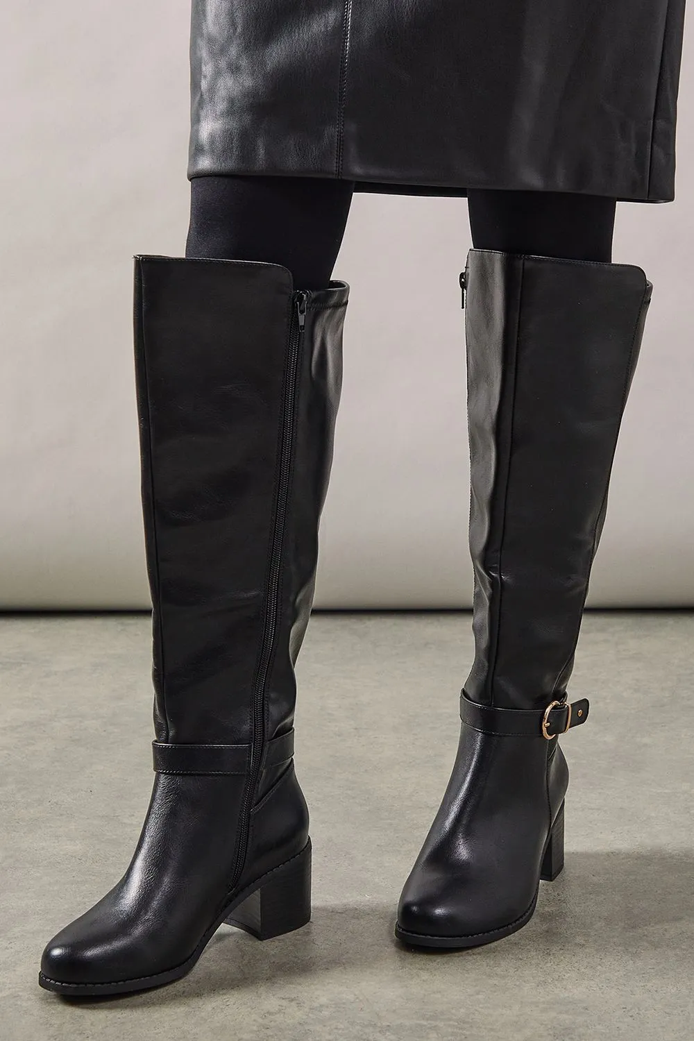 Good For The Sole: Extra Wide Fit Keather Back Stretch Block Heel Knee High Boots