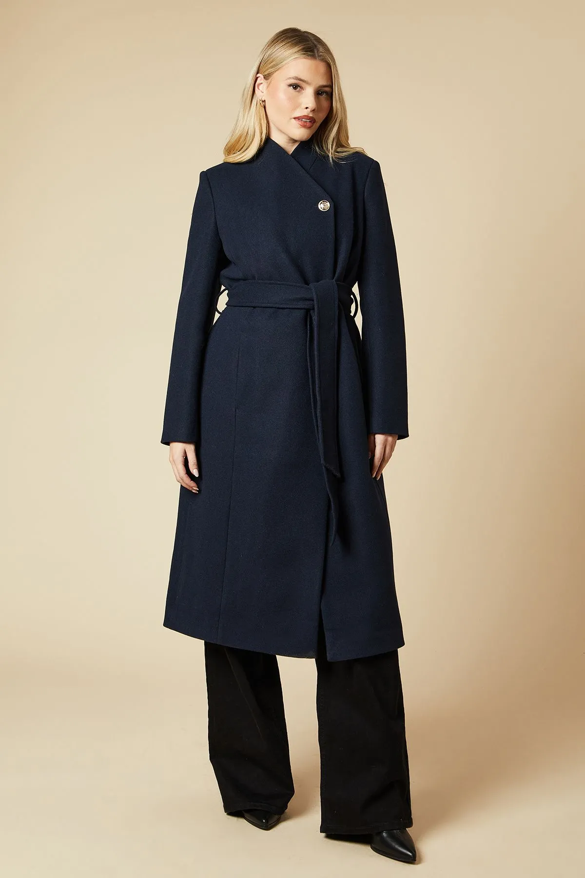 Funnel Neck Midi Belted Coat