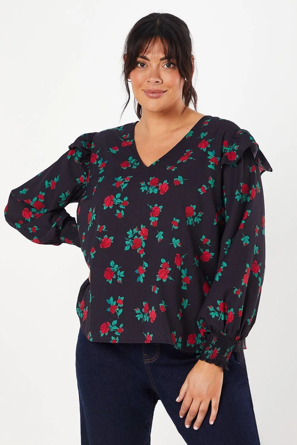 Curve Frill Shoulder V Neck Top Floral Print