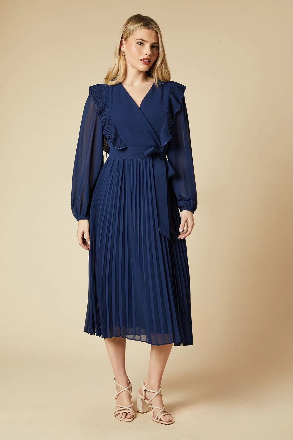 Chiffon Ruffle Front Pleated Skirt Midi Dress