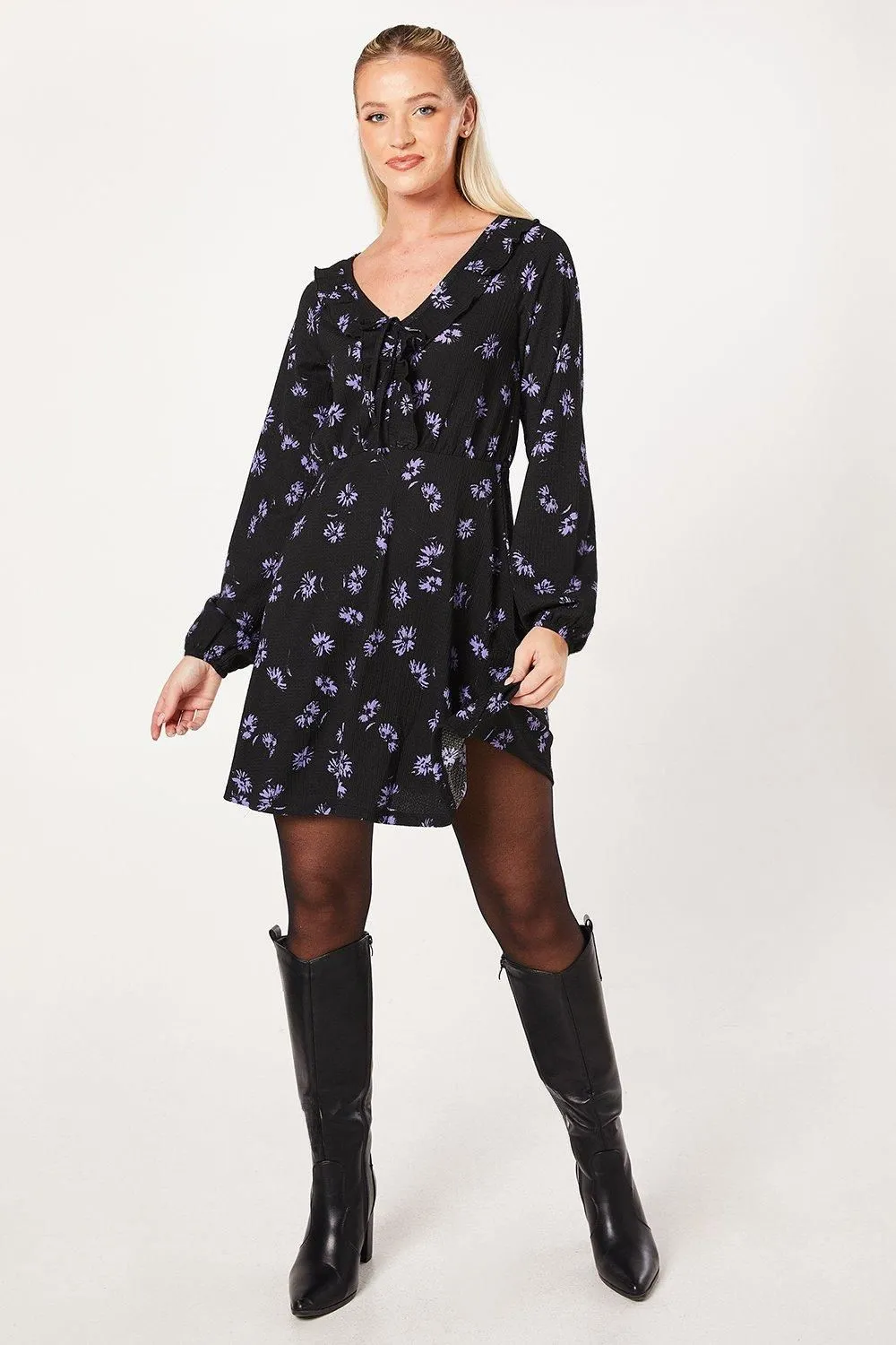 Blue Spaced Ditsy Frill Front V Neck Mini Dress