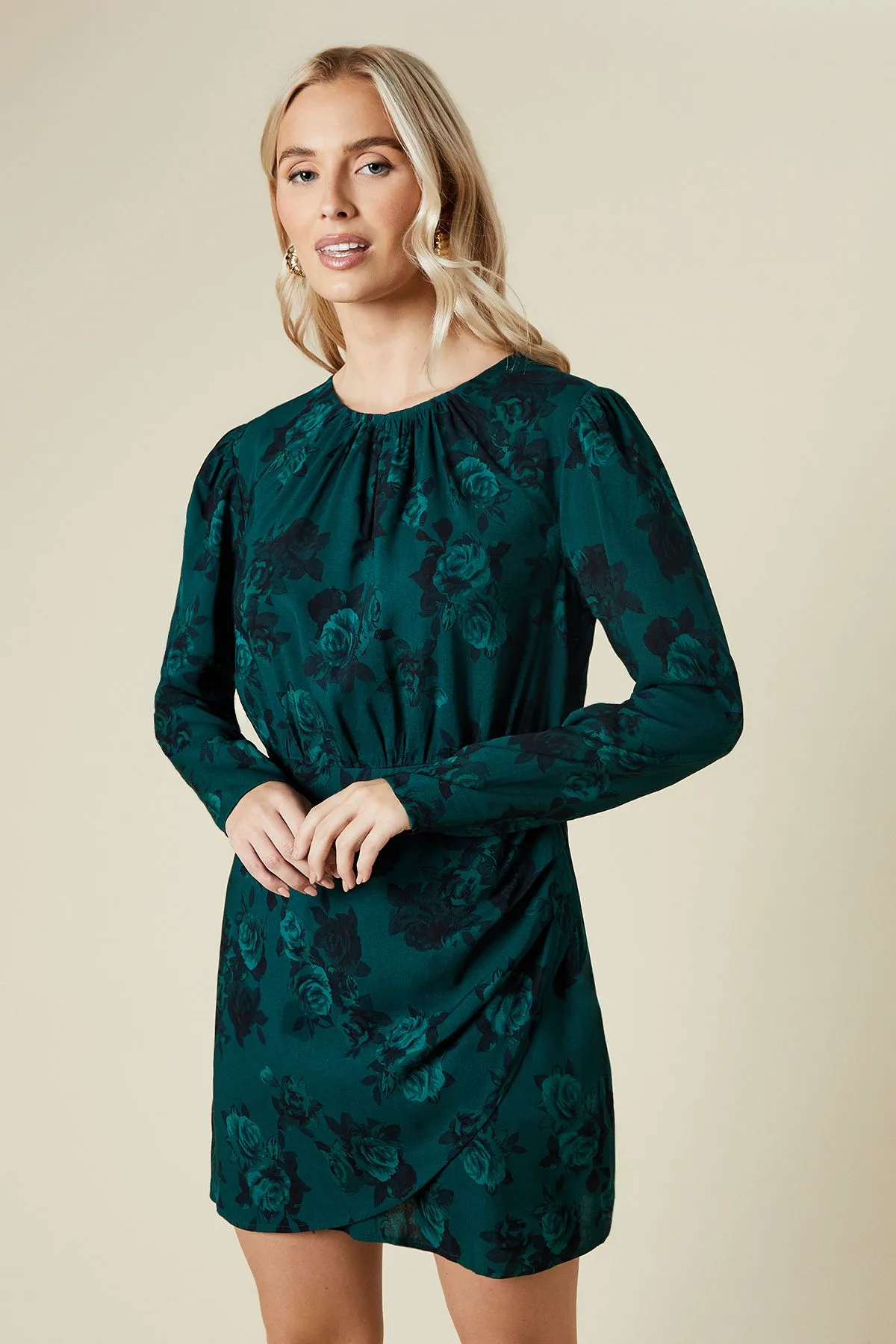 Green Floral Wrap Skirt Long Sleeve Mini Dress