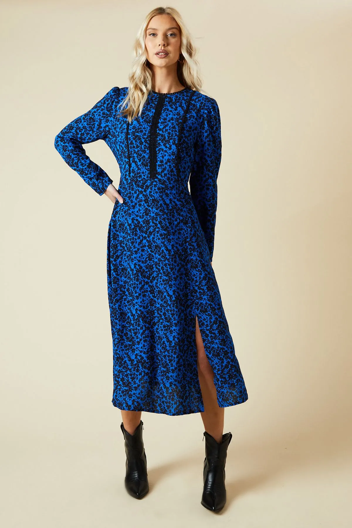 Blue Ditsy Lace Trim Body Long Sleeve Midi Dress