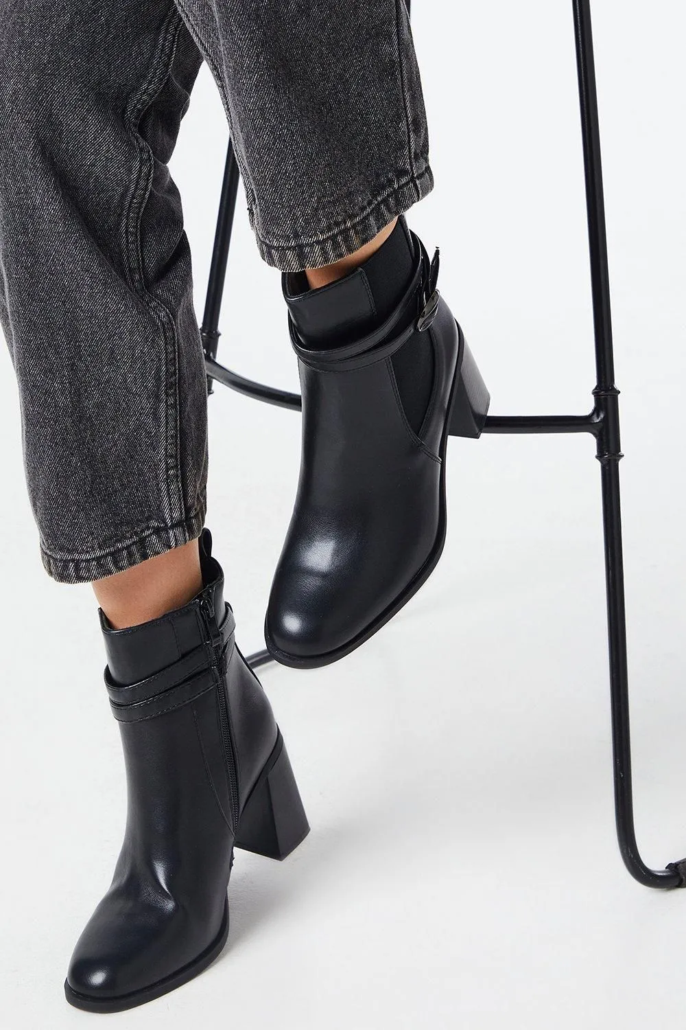 Alma High Block Heel Buckle Detail Ankle Boots
