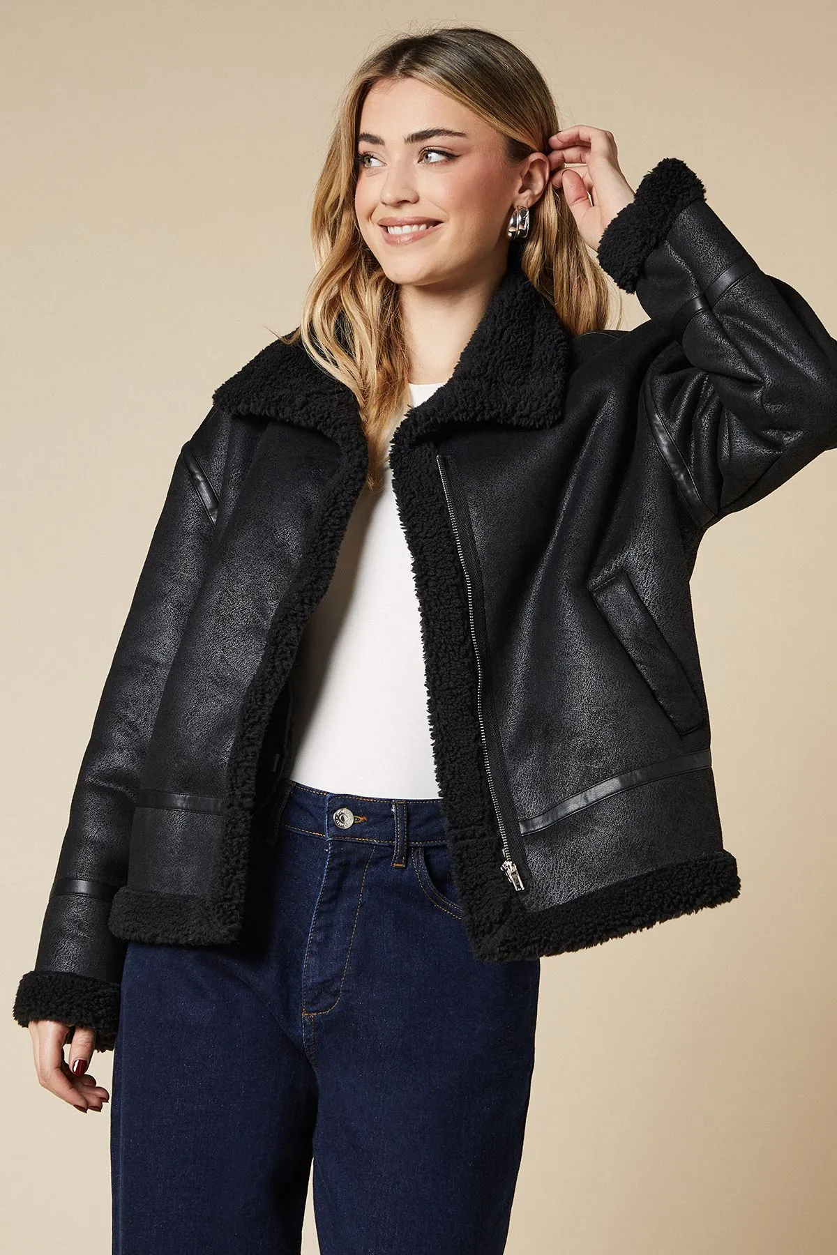 Zip Through Borg Aviator Jacket