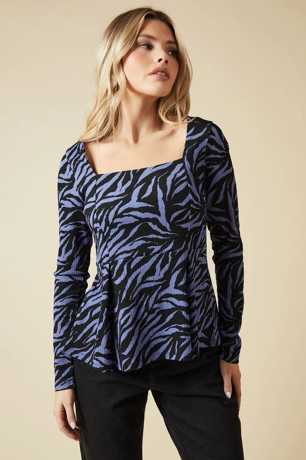 Blue Zebra pleated front Peplum Long sleeve Top