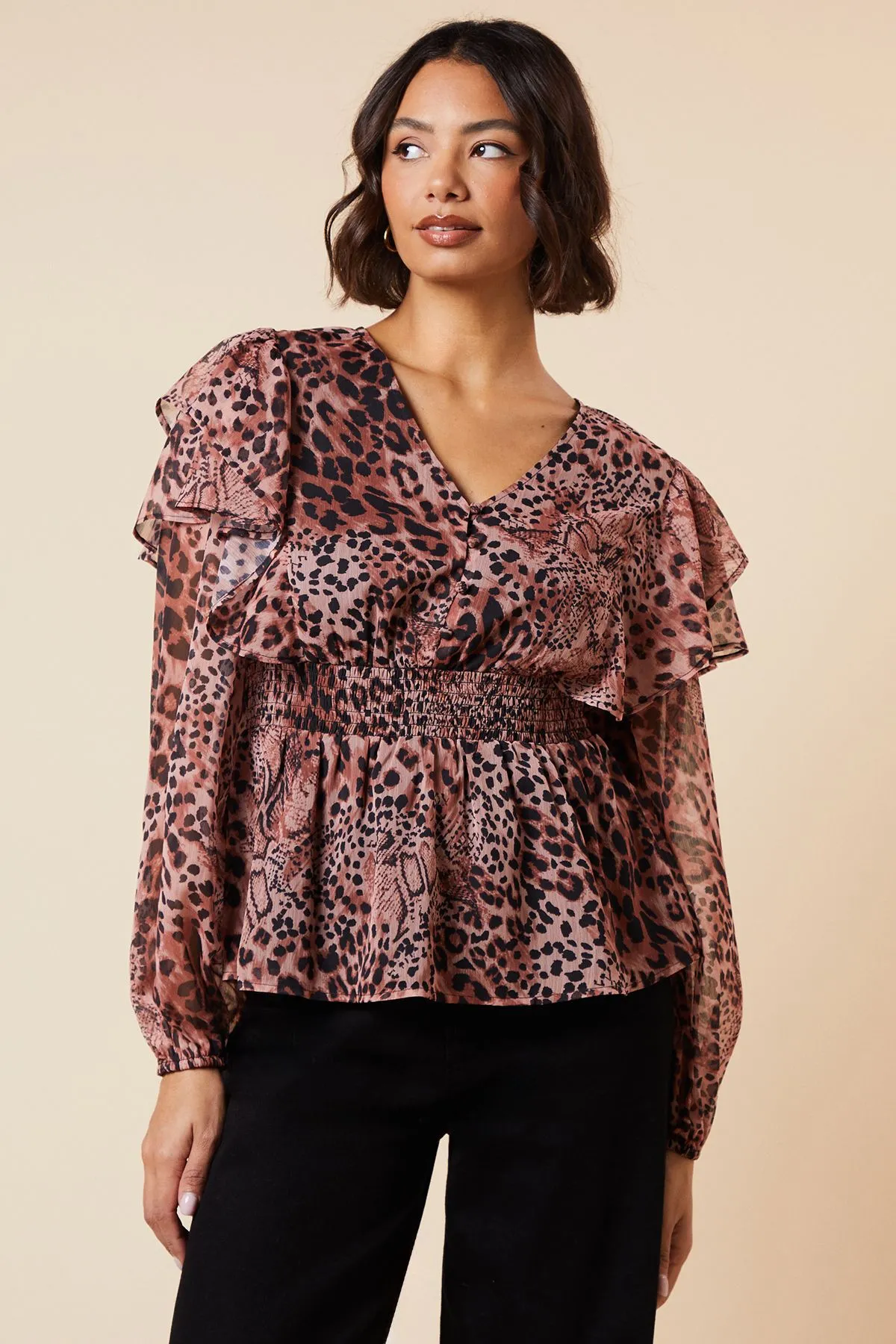 Animal Shirred Waist Button Front Chiffon Long Sleeve Blouse
